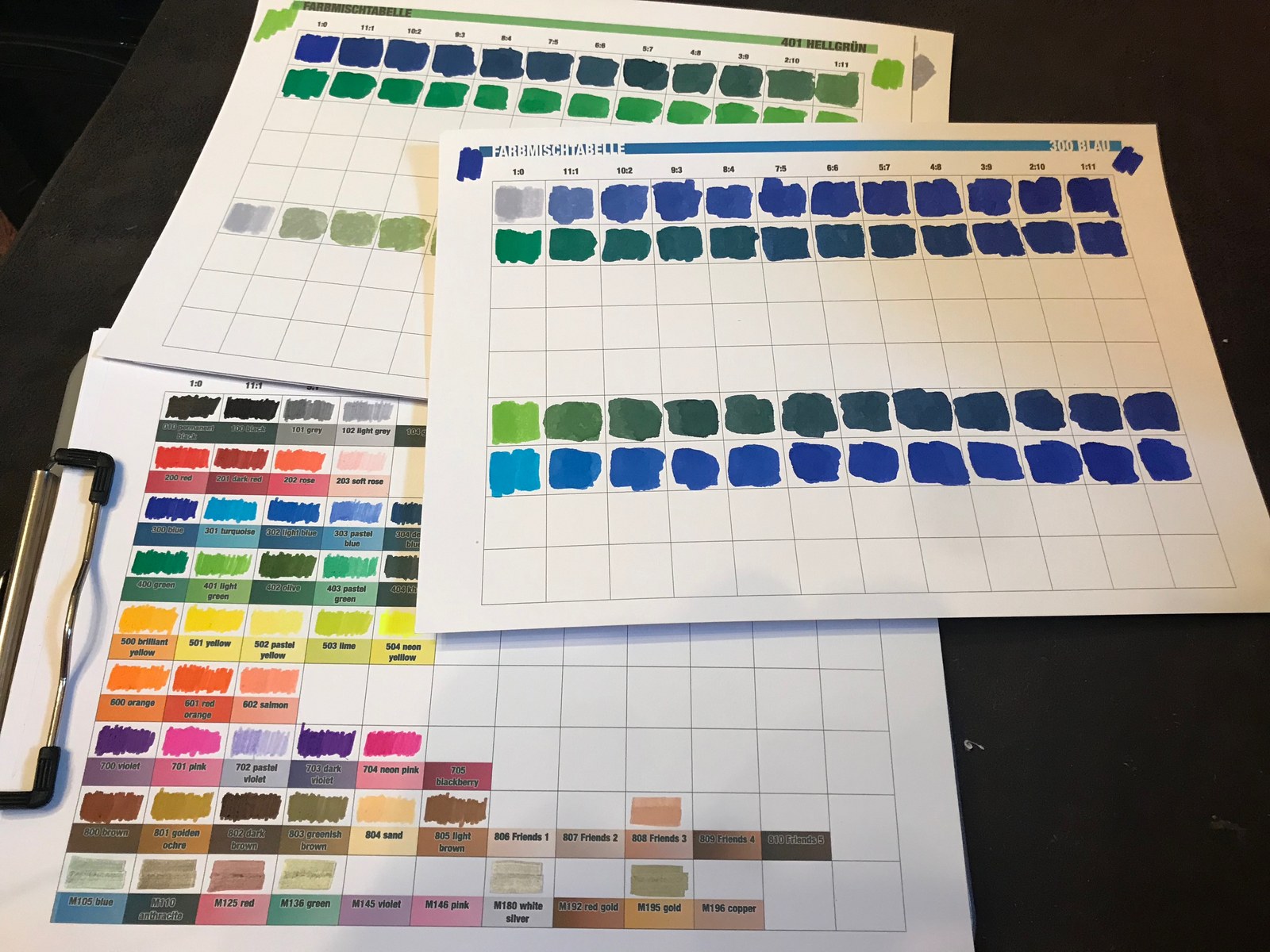 Overlapping printed mixing tables with blue and green ink swatches beside a color reference.