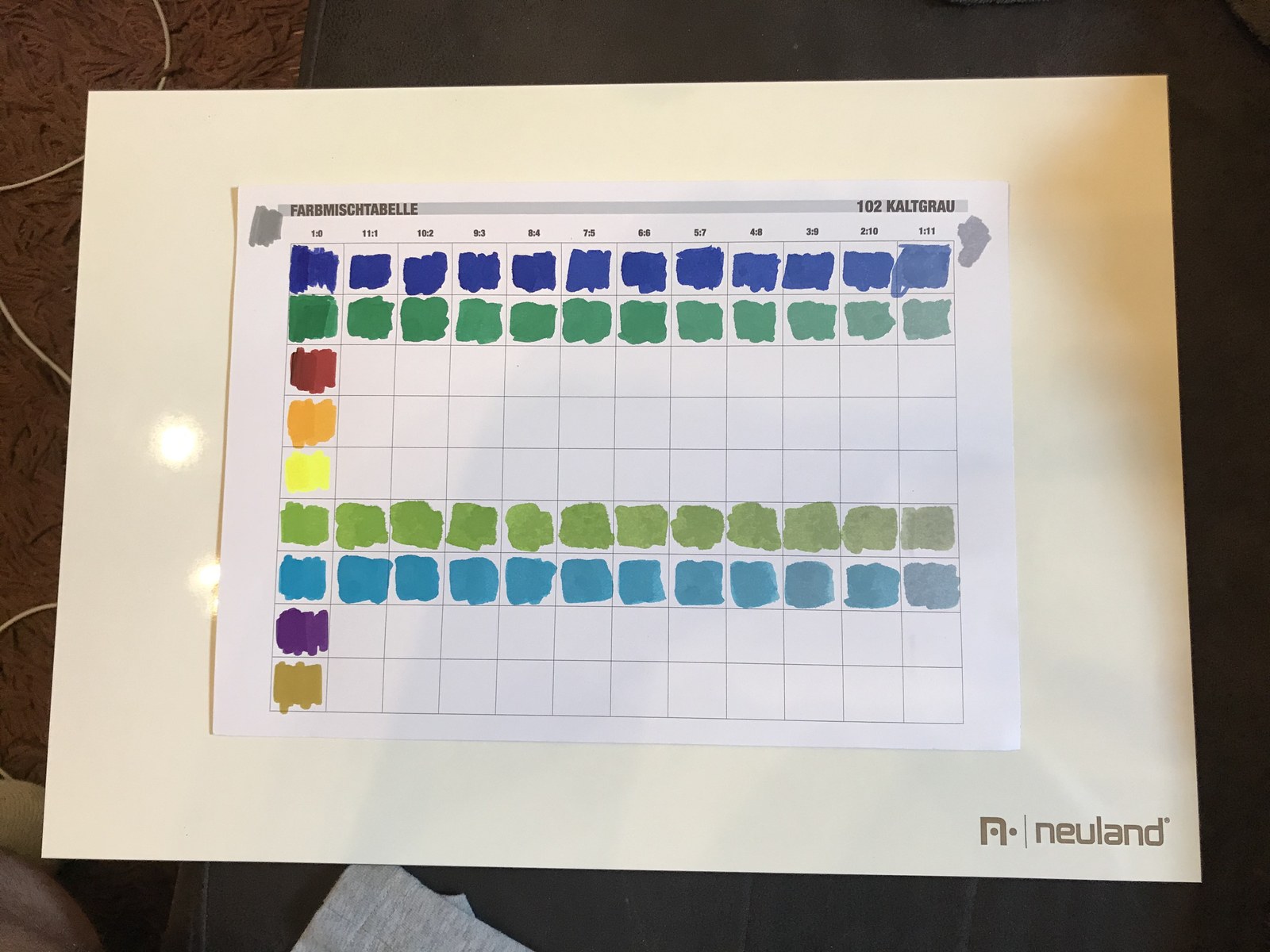 A labeled mixing table containing rows of blue, green, lime and turquoise swatches.