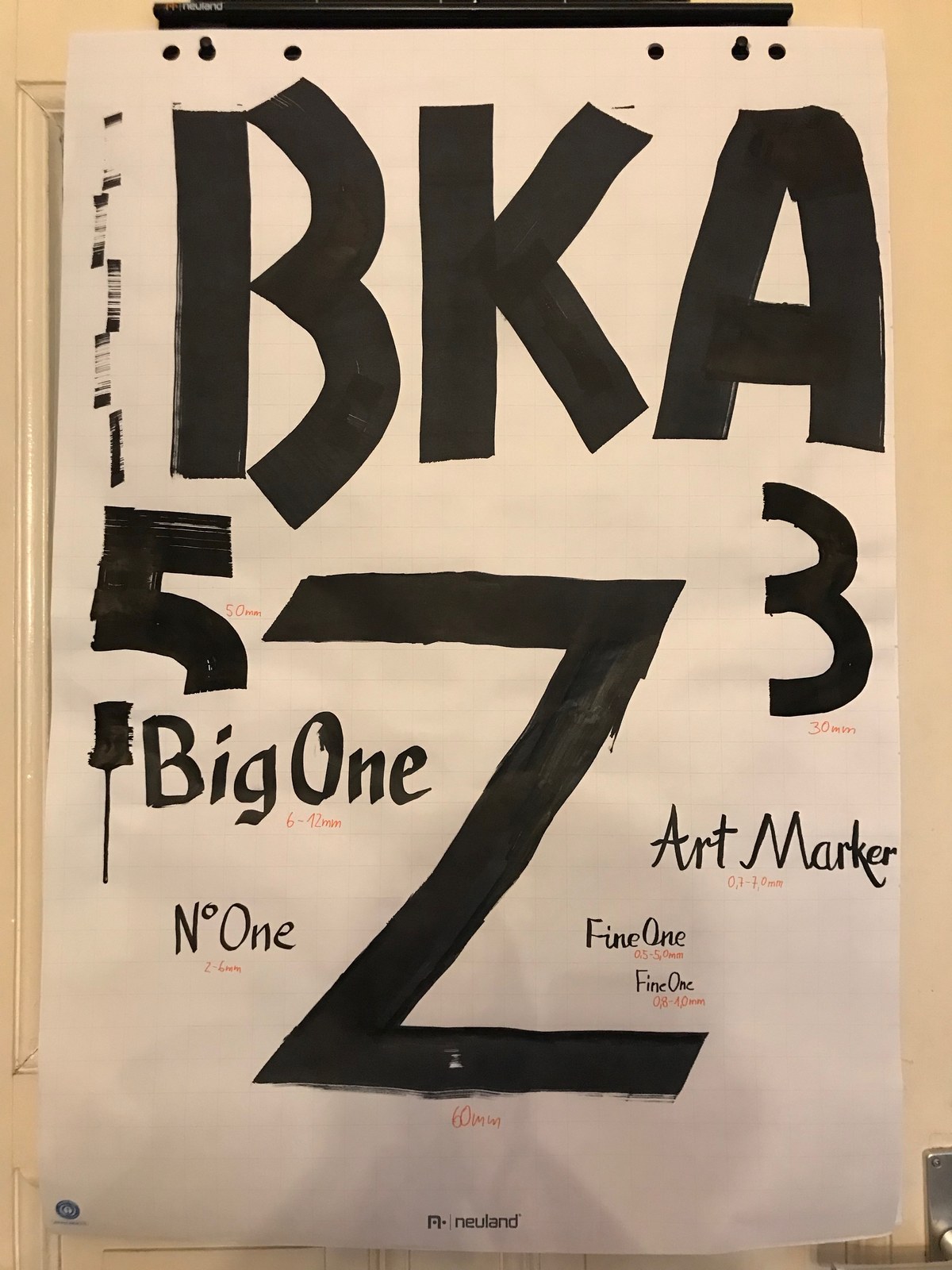 A large comparison sheet with black letterforms, marker names and handwritten nib-width labels.