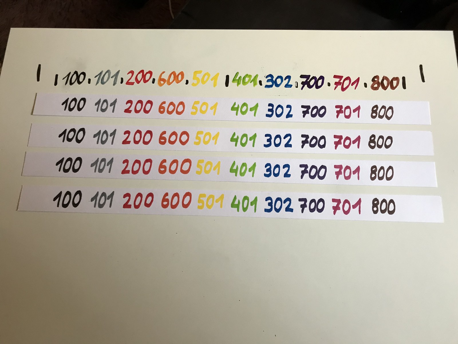 Repeated handwritten strips of marker color numbers in their corresponding inks.